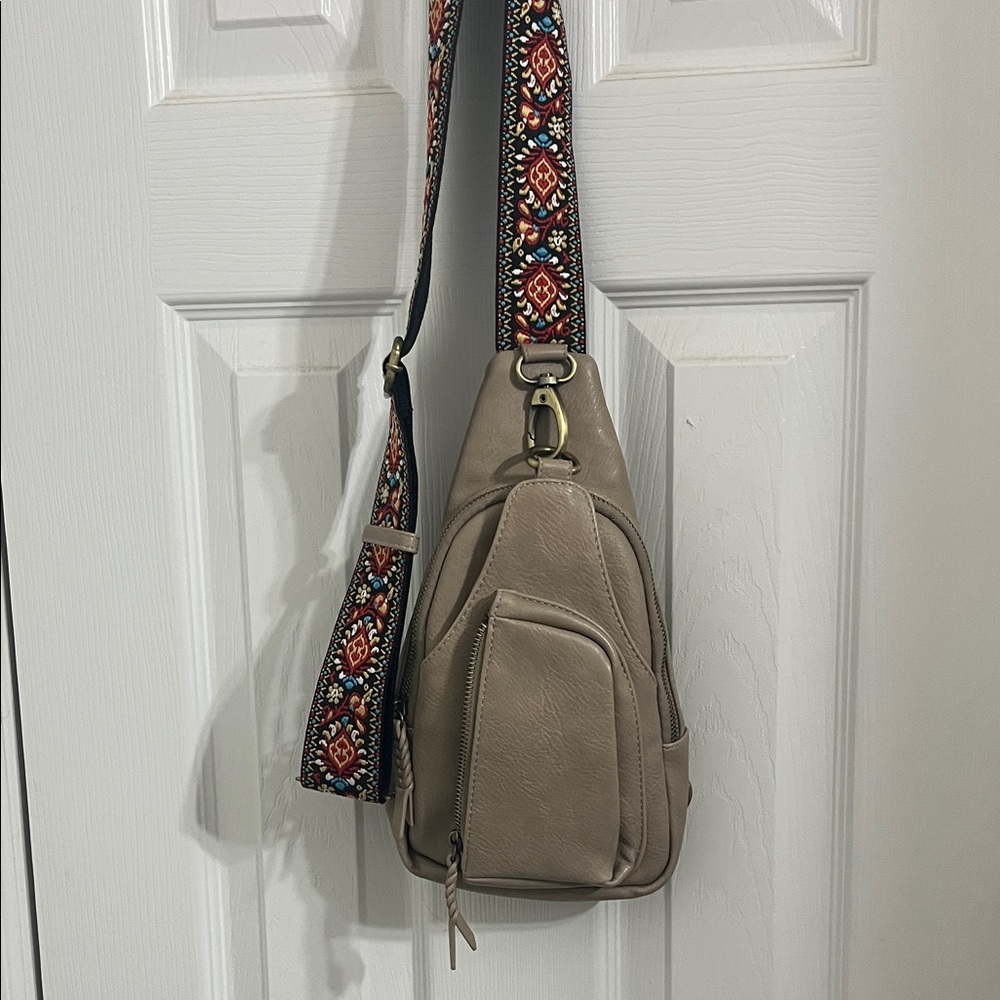 Elegant taupe Crossbody Bag with Patterned Strap